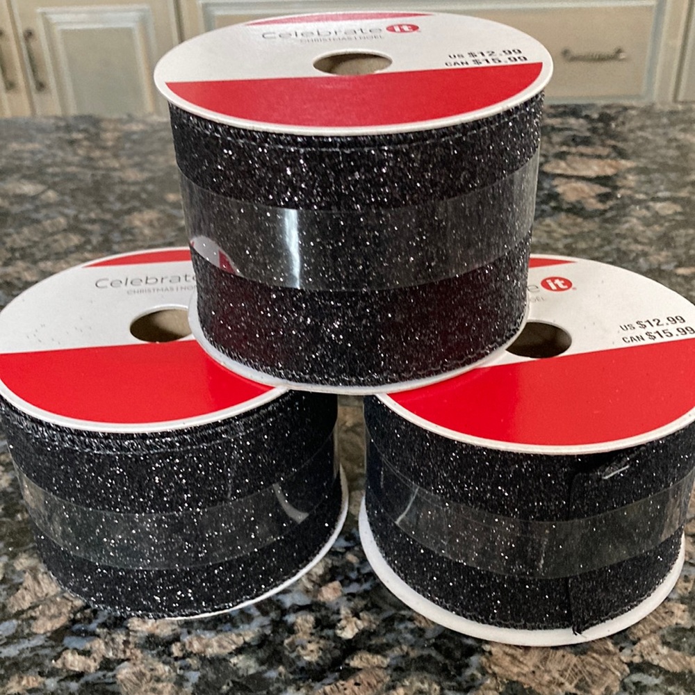 CELEBRATE IT WIRED RIBBON 2.5”x20 FT  BLACK GLITTER LOT OF 3
